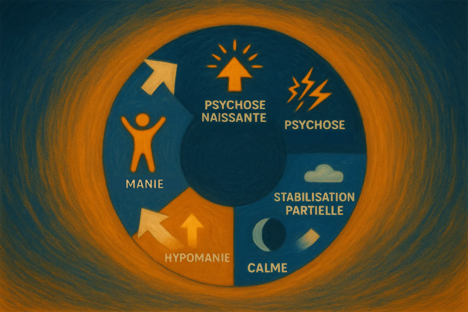 Schéma circulaire hypomanie -> manie -> psychose -> stabilité -> hypomanie
