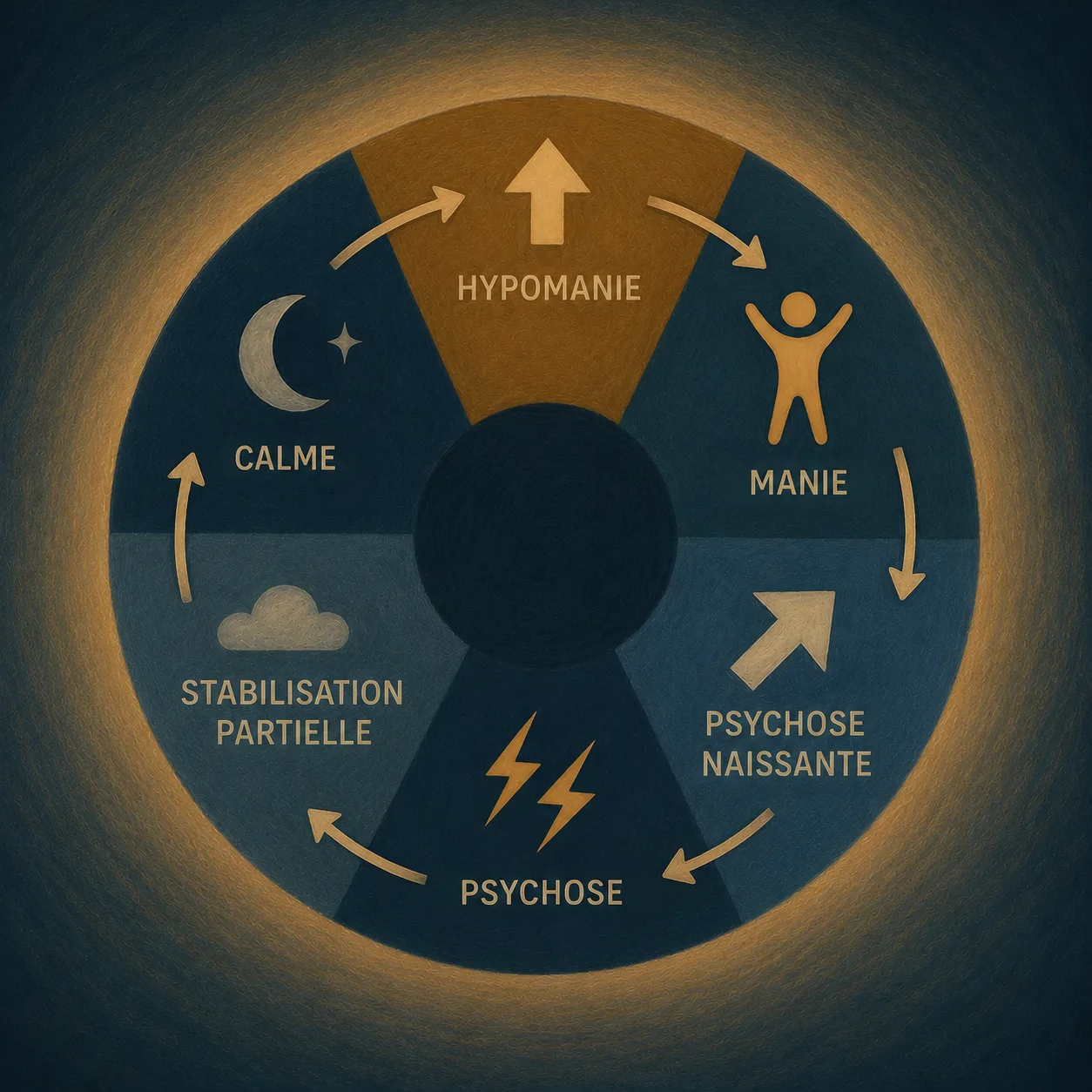 Schéma circulaire hypomanie -> manie -> psychose -> stabilité -> hypomanie