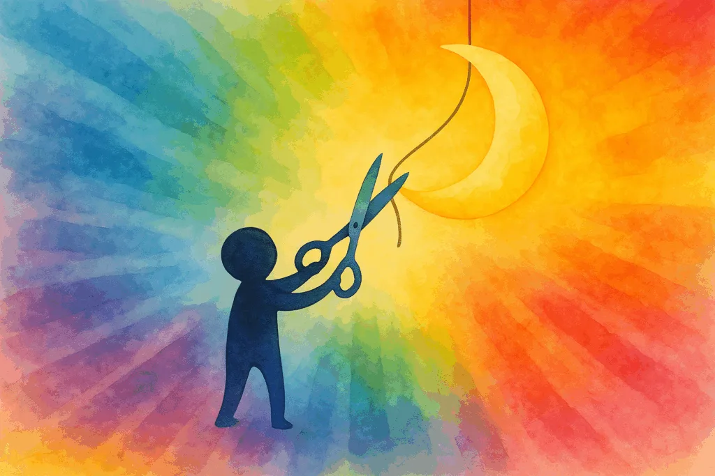 Illustration d'un personne qui veut couper un fil qui retient la lune