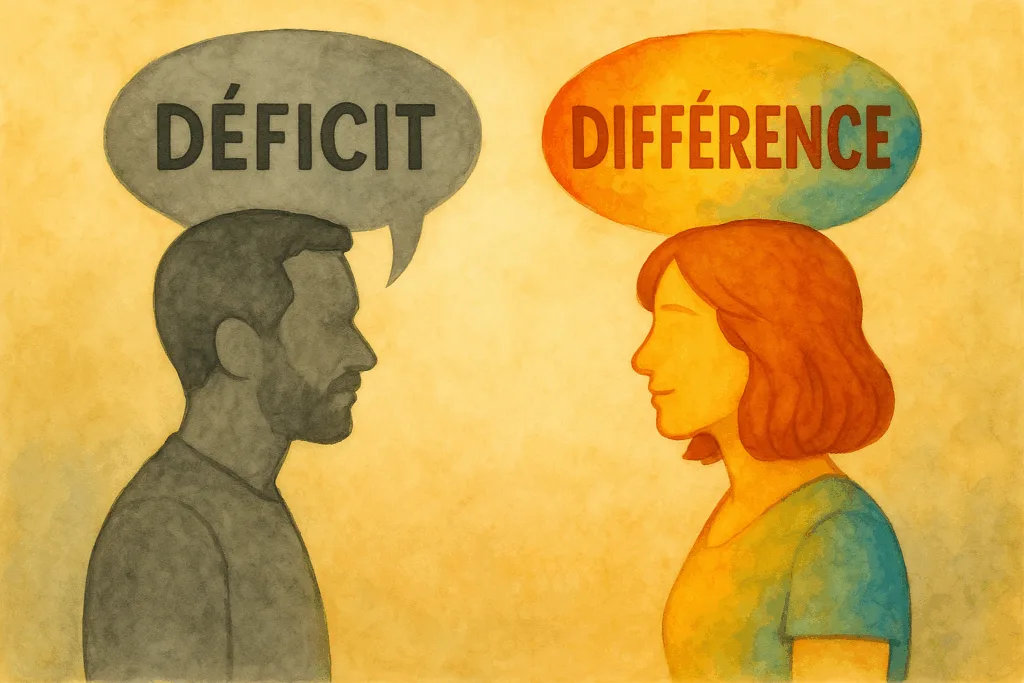 Illustration d'un homme grisé qui parle de déficit face à une femme colorée qui parle de différence