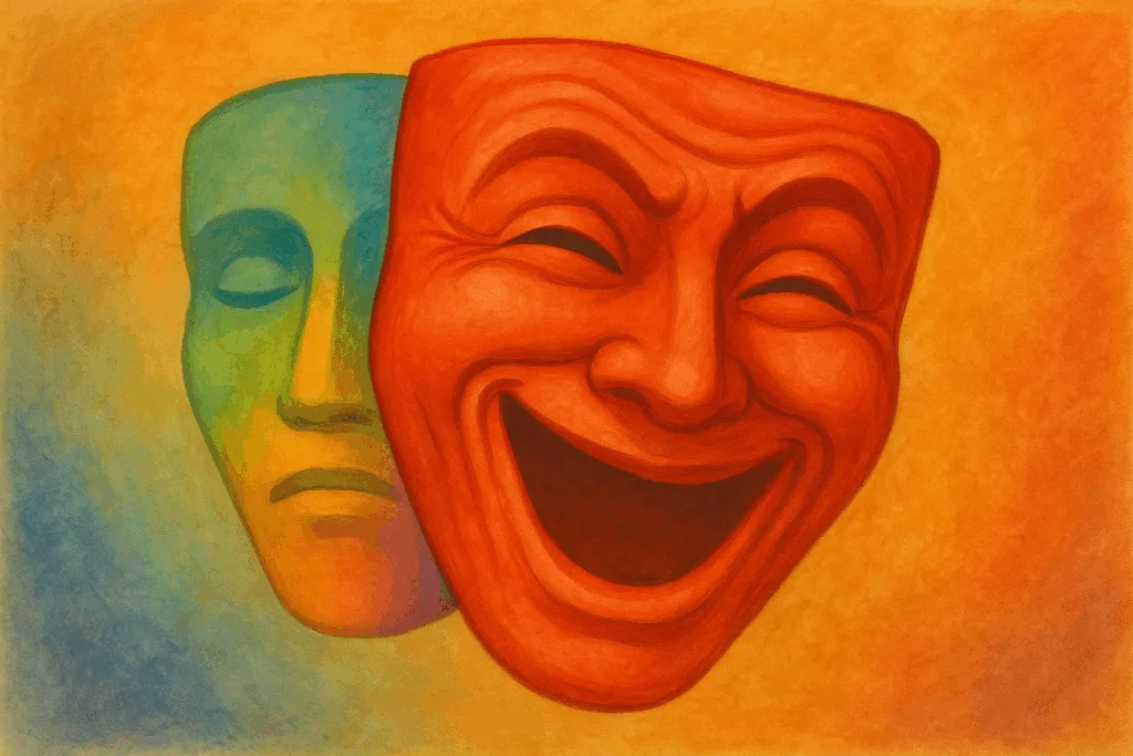 Illustration d'un masque expressif joyeux rouge (bipolarité) qui cache un masque multicolore (autisme)