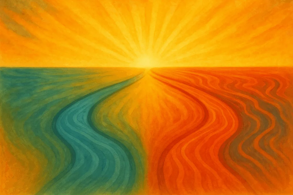 Illustrations de chemins bleu et rouge (autisme et bipolarité) qui convergent en une lueur vive à l'horizon