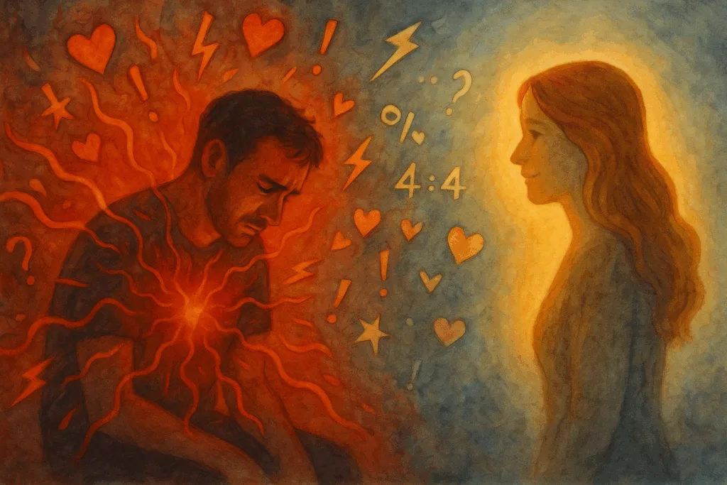Illustration d'un homme sur fond rouge surchargé par de faux signaux amoureux émis par une femme devant un halo lumineux
