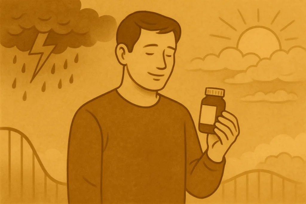 Illustration d'un homme avec une boîte de médicament et le soleil derrière lui comme symbole d'espoir