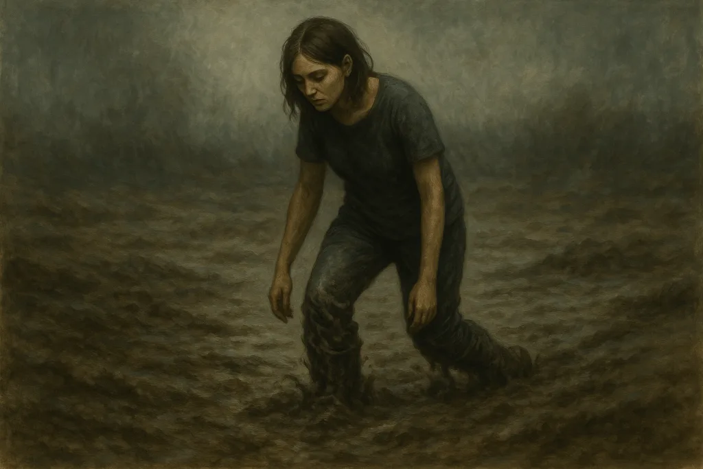 Illustration d'une femme qui avance dans de la boue avec difficultés (ralentissement psychomoteur)