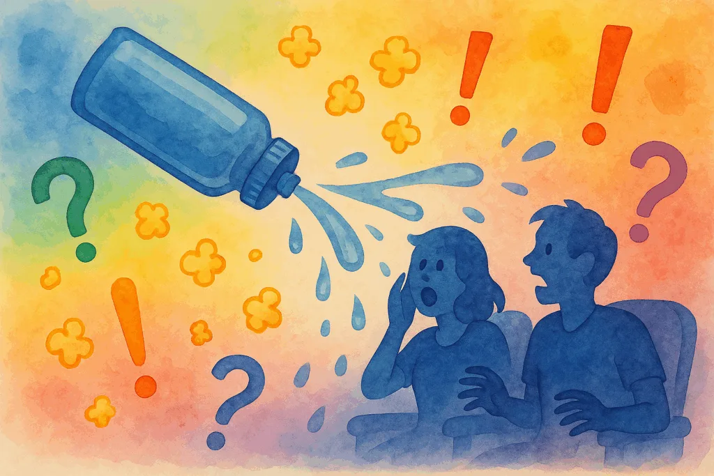 Gourde qui se vide sur deux spectateurs de la salle de cinéma sur fond multicolore