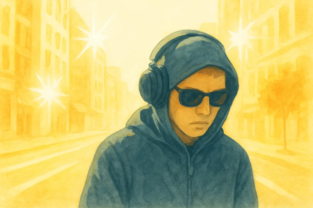 Depiction of a street with saturated colors, featuring a hooded character wearing headphones (sensory hypersensitivities)