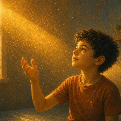 Enfant qui regarde la poussière voler à la lumière du Soleil