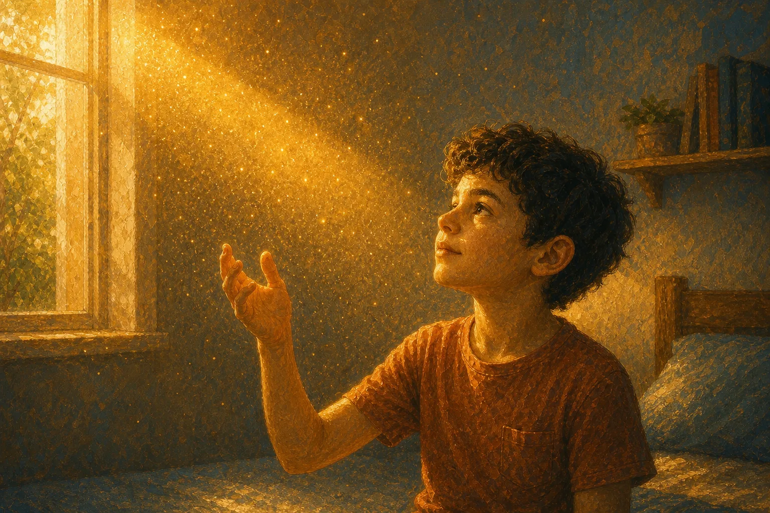 Enfant qui regarde la poussière voler à la lumière du Soleil