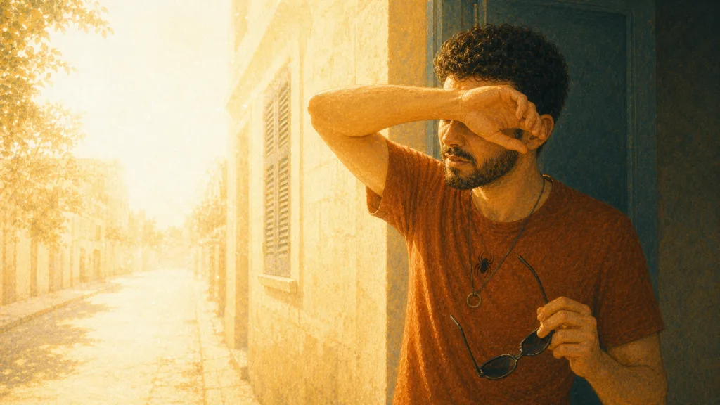 Homme protégeant ses yeux d’une lumière solaire trop intense