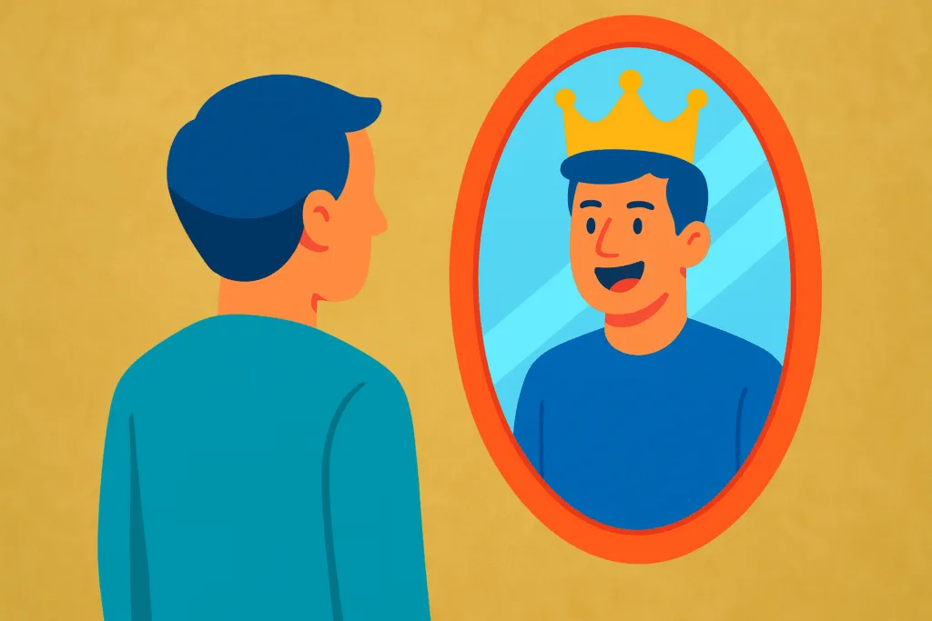 Homme euphorique qui se regarde dans le miroir, il y a une couronne sur sa tête dans le reflet (idées de grandeur)