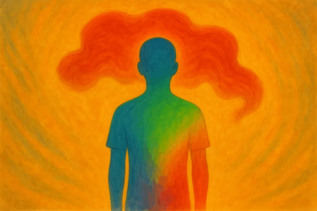 Illustration d'un homme multicolore (autiste) avec une ombre rouge qui plane sur lui (bipolarité)