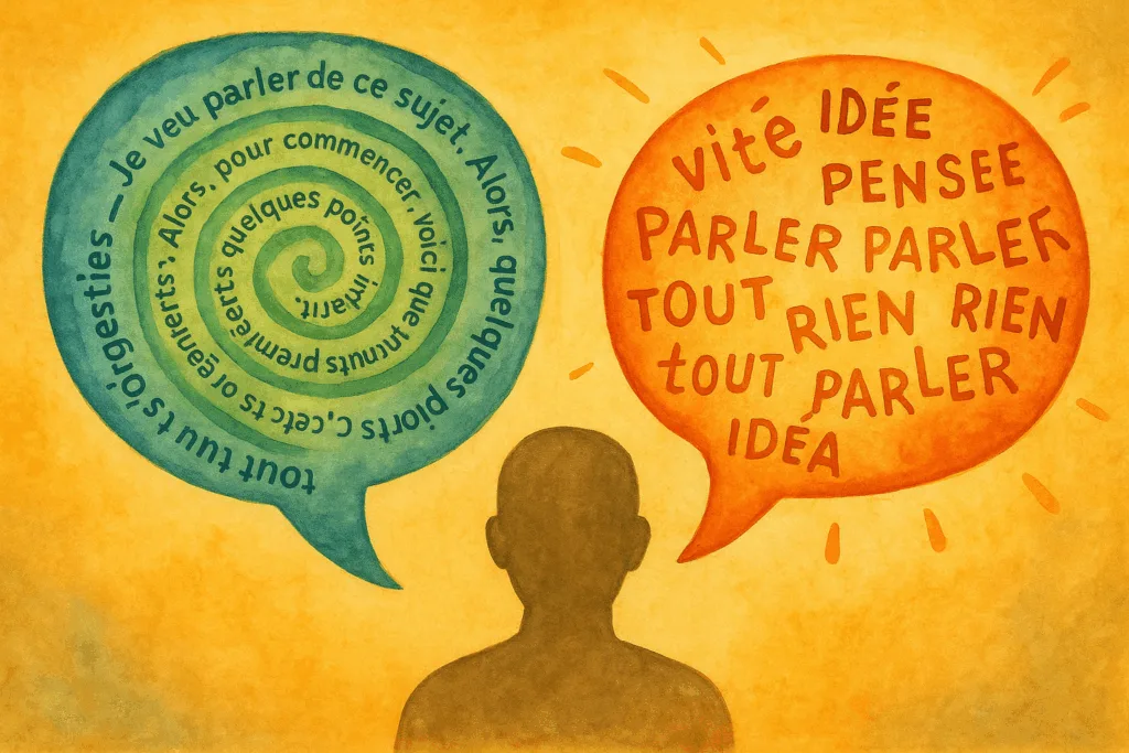Illustration d'un homme avec une bulle de phrases continues à gauche (infodump) vs une bulle chaotique à droite (logorrhée)