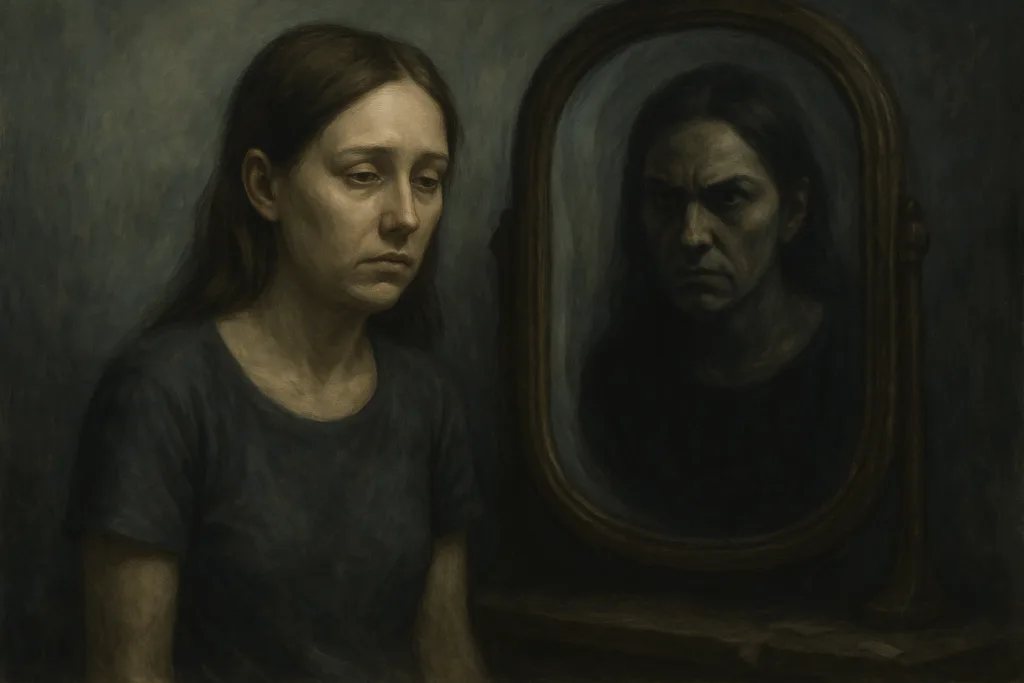 Illustration d'une femme vidée émotionnellement devant un miroir. Reflet accusateur.