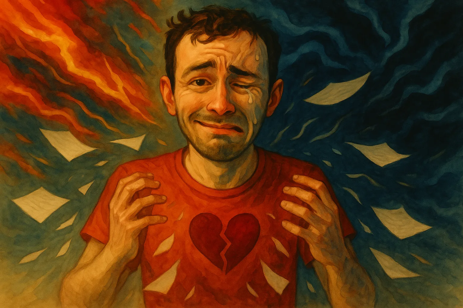 Illustration d'un personnage déchiré entre manie et dépression (visage crispé et euphorique)