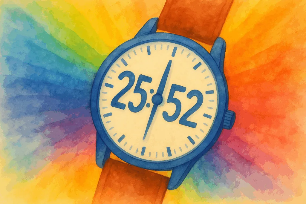 Illustration d'une montre multicolore affichant 25h52