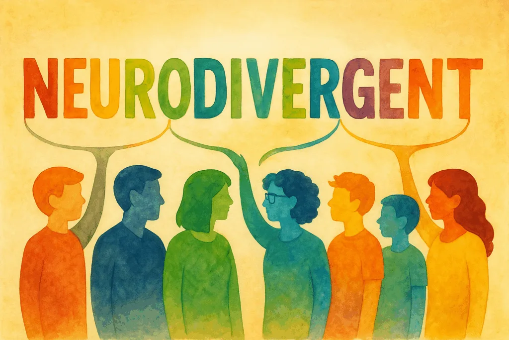 Illustrations de personnes (hommes, femmes, enfants) multicolores reliées à un titre multicolore NEURODIVERGENT