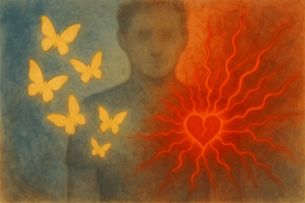 Illustration d'un homme estompé avec des papillons à sa gauche et un cœur électrique à sa droite