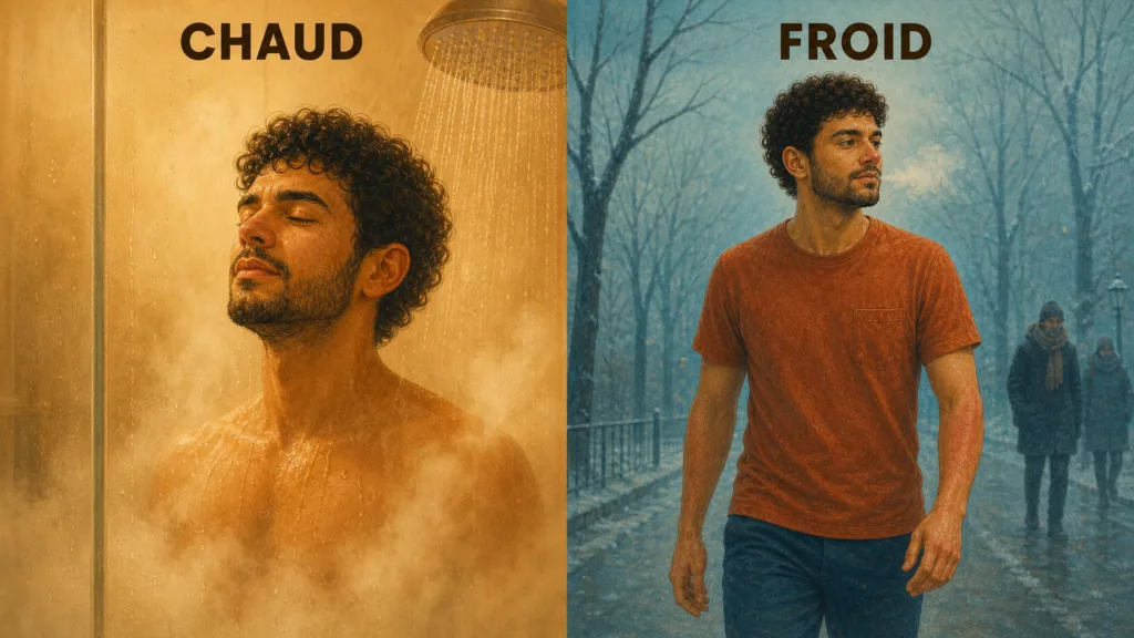 Comparaison entre une douche très chaude recherchée et un froid extérieur peu ressenti