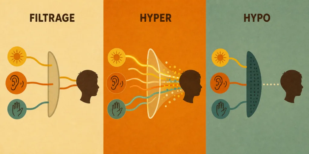 Schéma comparant le filtrage sensoriel habituel, l’hypersensibilité et l’hyposensibilité