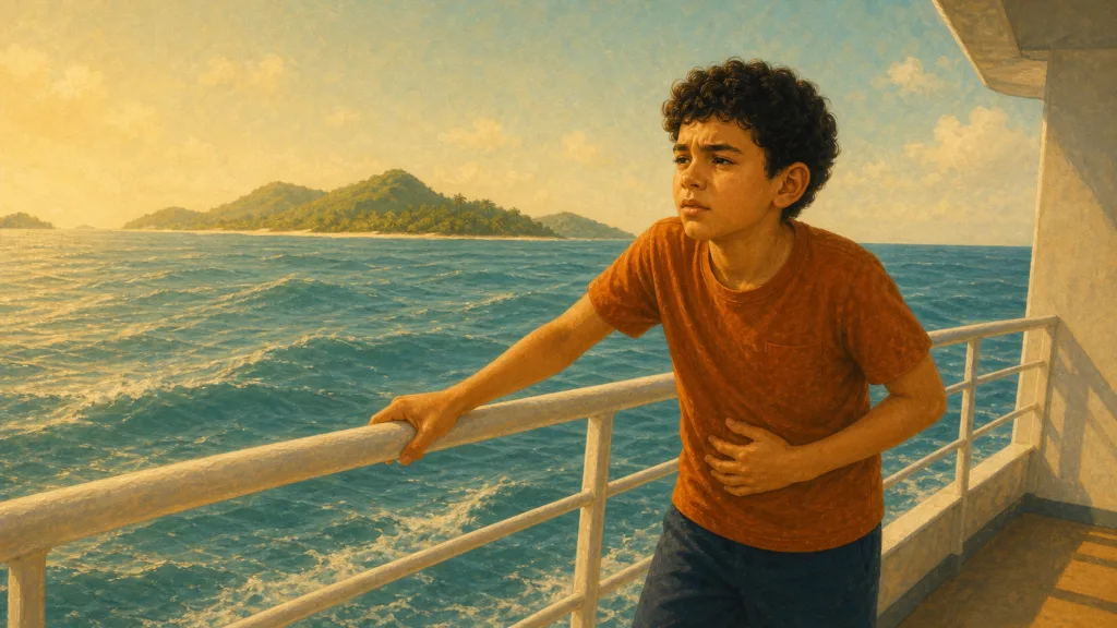 Enfant ayant le mal de mer sur le pont d’un bateau