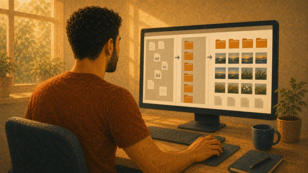 « Homme vu de dos organisant méthodiquement ses fichiers et ses photos sur un ordinateur