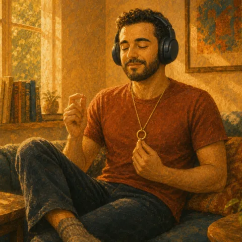 Homme en train de stimmer (il joue avec son pendentif, gigote ses doigts et écoute de la musique)