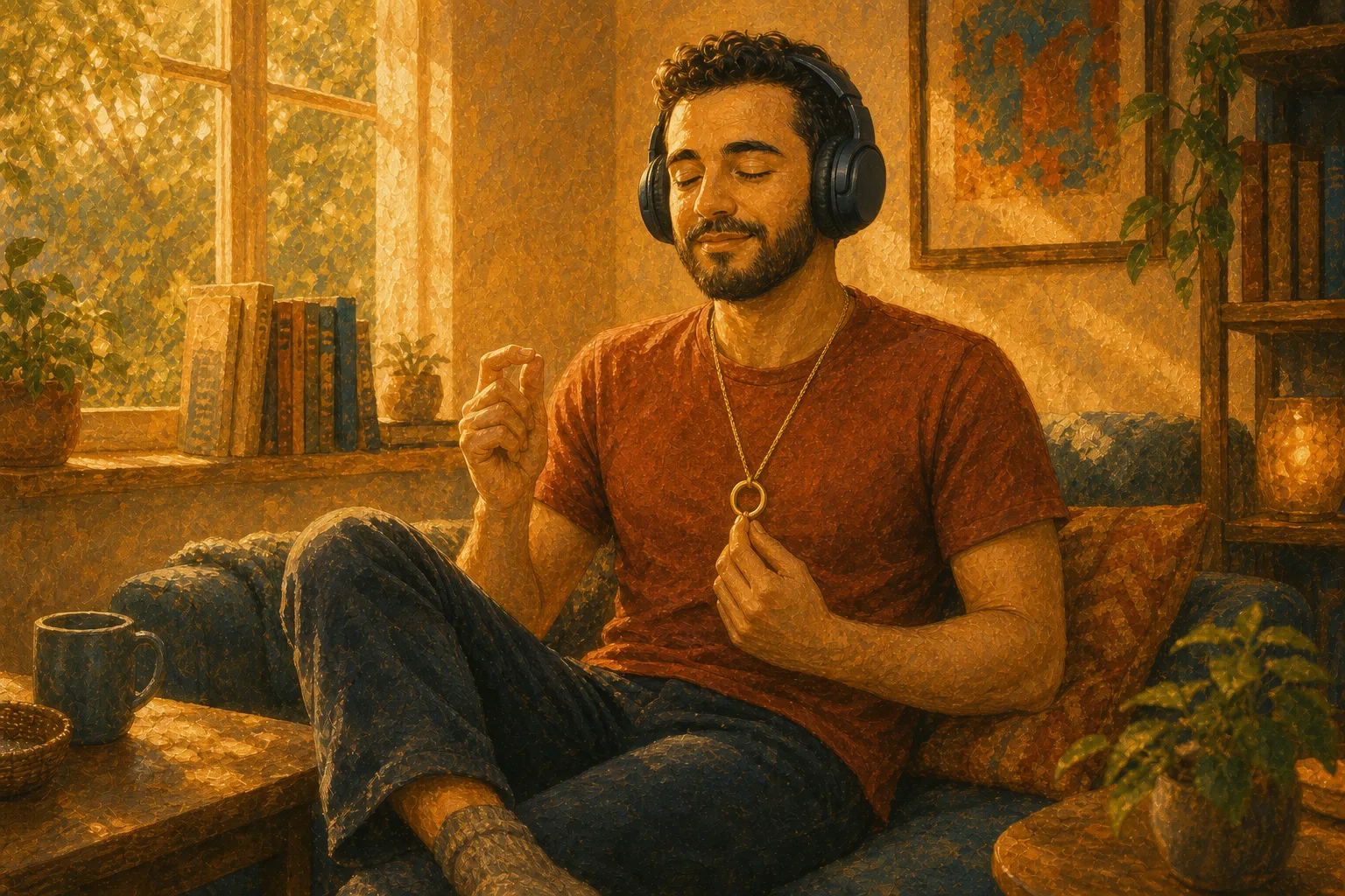 Homme en train de stimmer (il joue avec son pendentif, gigote ses doigts et écoute de la musique)