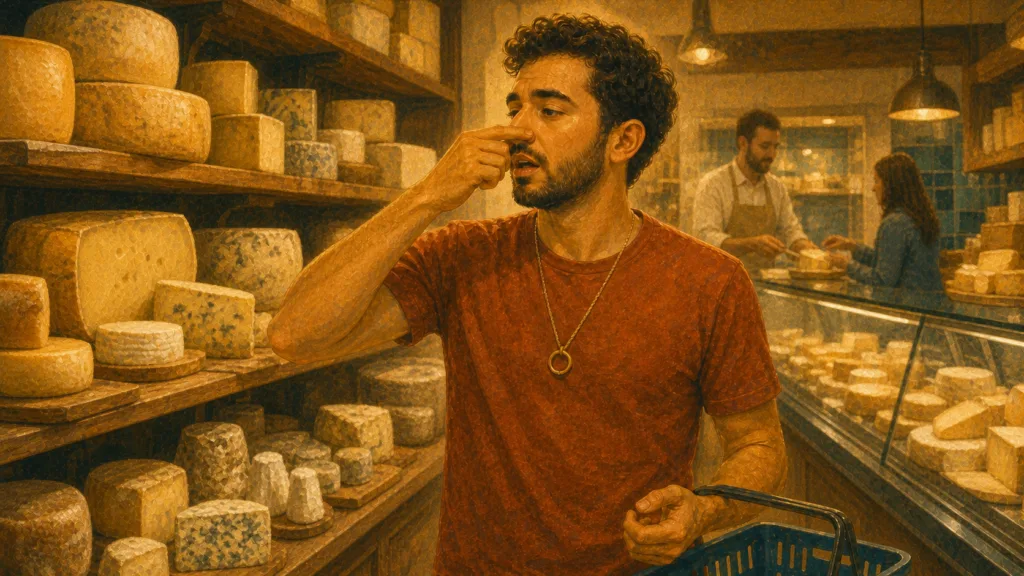 Dans une fromagerie, en se bouchant le nez et respirant par la bouche