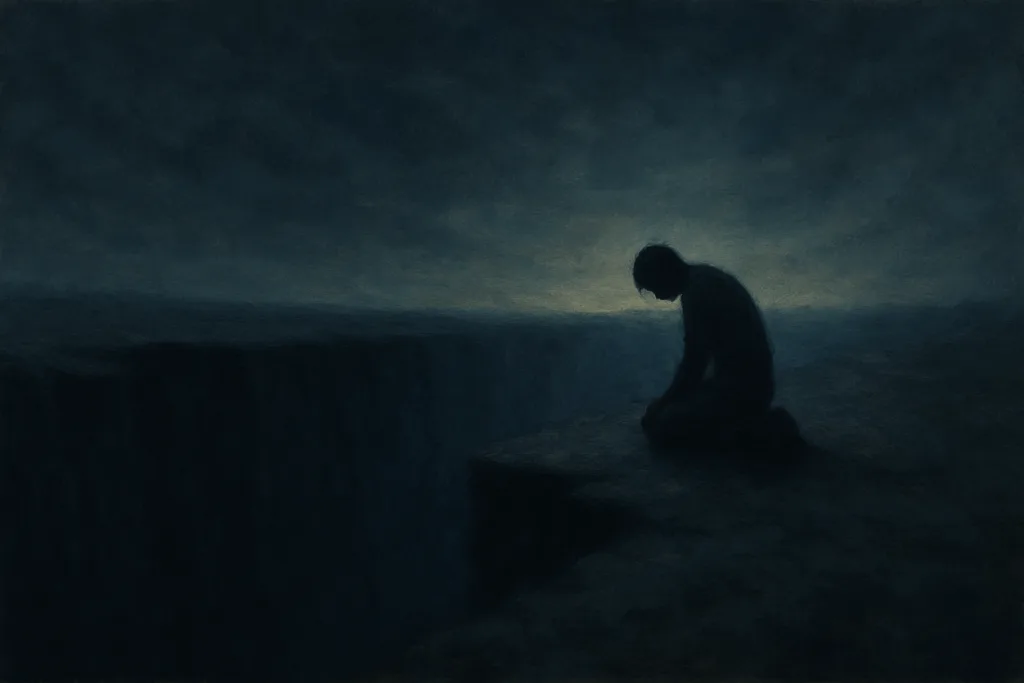 Illustration d'un homme à genoux au bord d'un gouffre, couleurs sombres