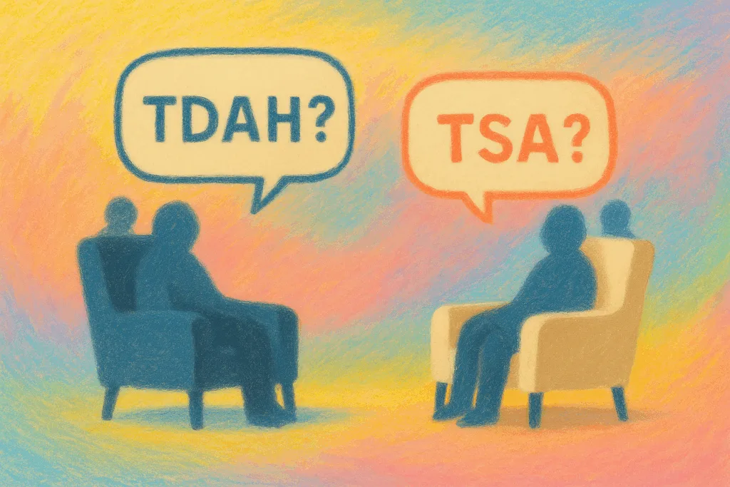 Deux fauteuils face à face, avec une bulle pour chaque indiquant "TDAH ?" et "TSA ?"