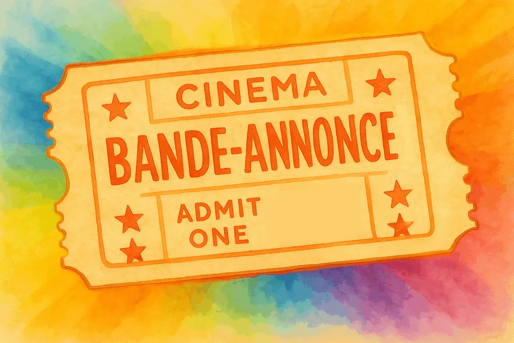 Ticket de cinéma avec écrit "Bande-annonce" en gros au lieu du film, sur fond coloré
