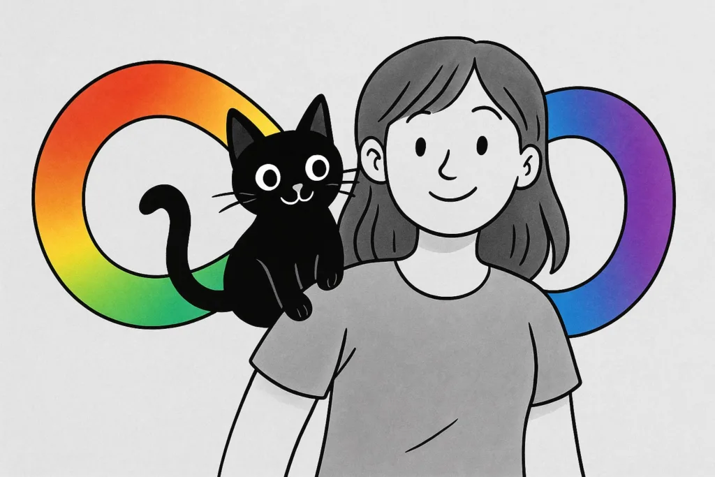 Femme avec un chat sur l'épaule devant le symbole infini multicolore représentant l'autisme