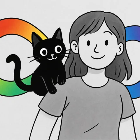 Femme avec un chat sur l'épaule devant le symbole infini multicolore représentant l'autisme