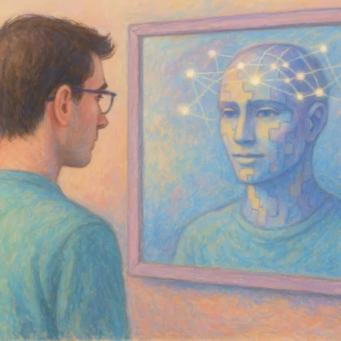 Homme devant un miroir qui le reflète en mode robotique avec un nuage de connexions