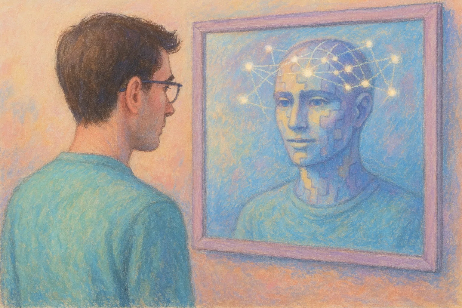 Homme devant un miroir qui le reflète en mode robotique avec un nuage de connexions