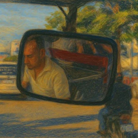 Illustration retravaillée d'une photo d'un conducteur de Tuk-Tuk dans son rétroviseur