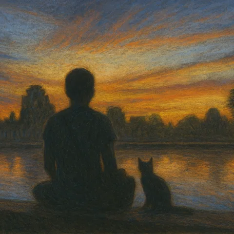 Illustration retravaillée de moi assis à côté d'un chat devant Angkor Cat
