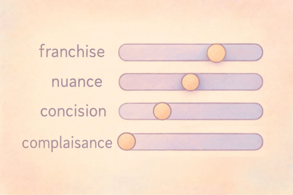 Liste de curseurs (franchise, nuance, concision, complaisance) avec complaisance à 0 et franchise élevée