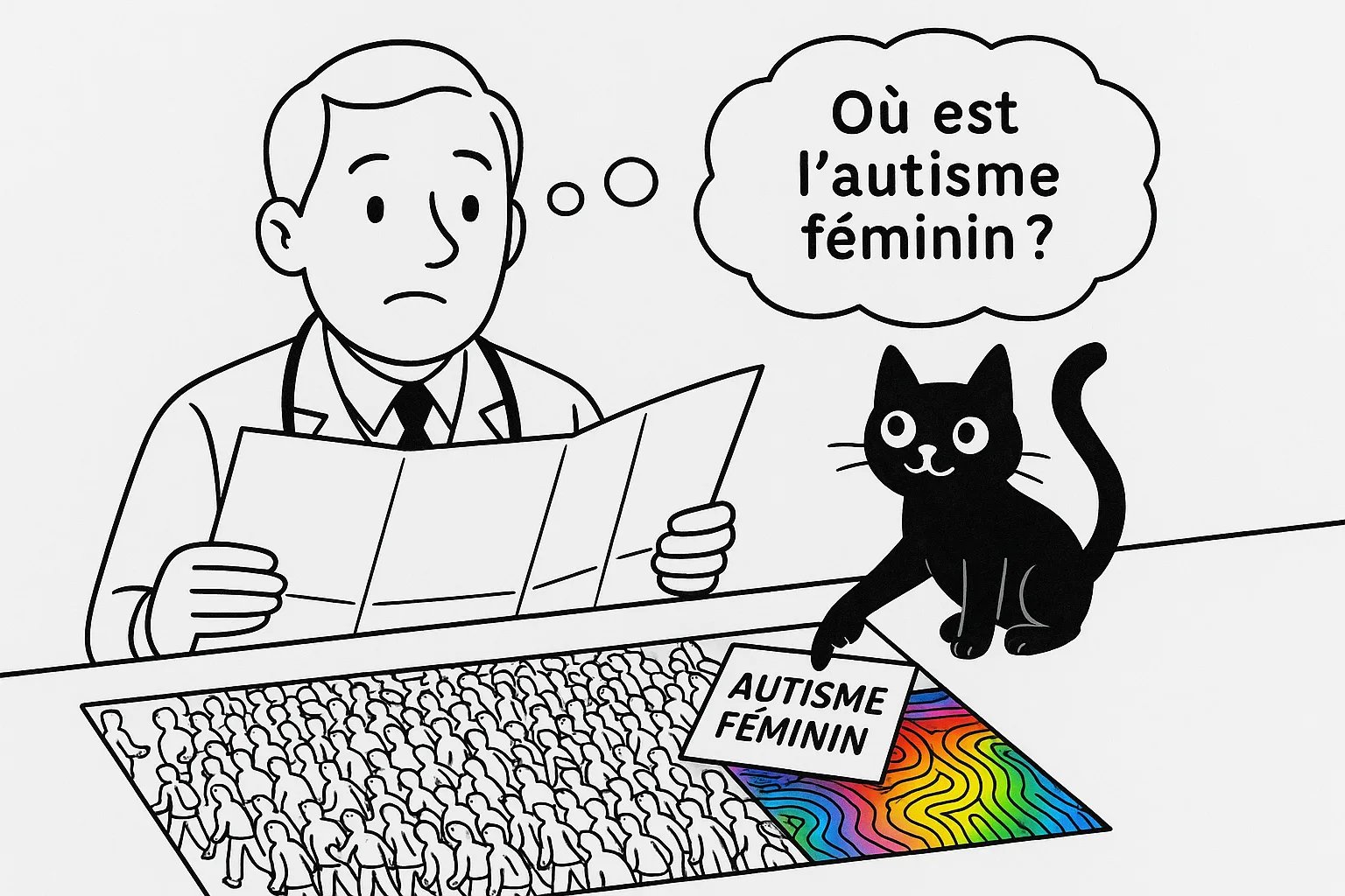 Médecin avec une carte déboussolé qui cherche l'autisme au féminin. Un petit chat lui pointe la bonne carte.
