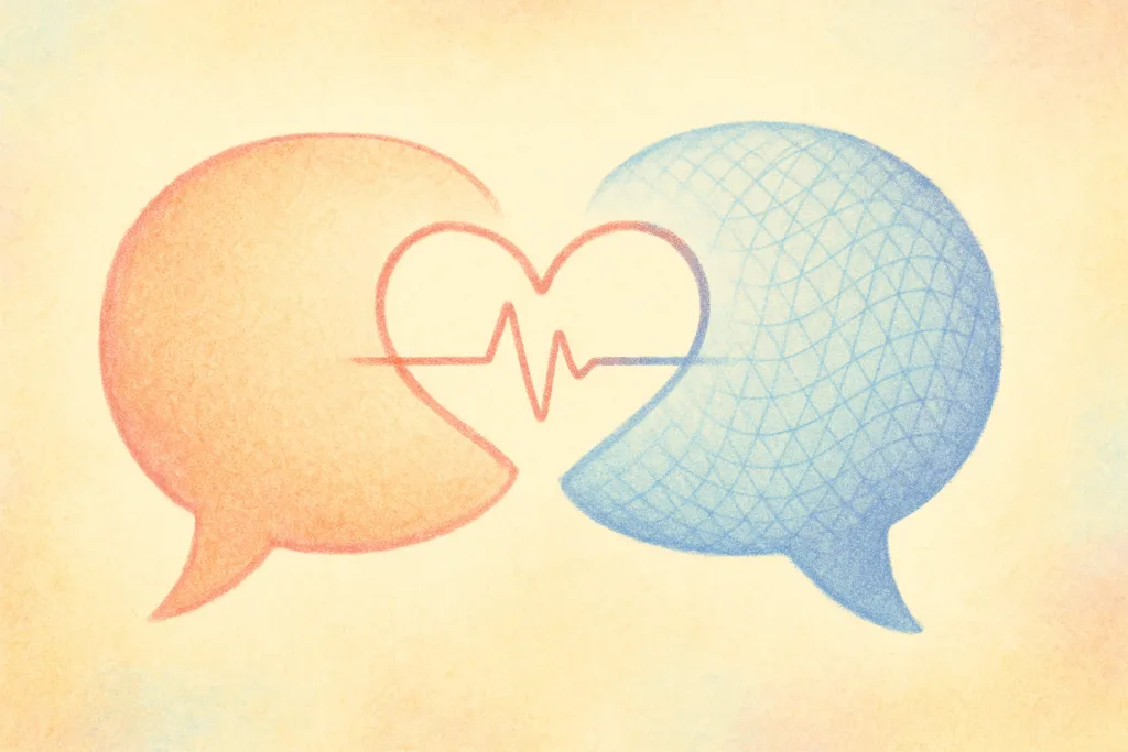 Bulle texturée (humain) imbriquée dans une autre bulle maillée (IA) reliées par un cœur/électrocardiogramme