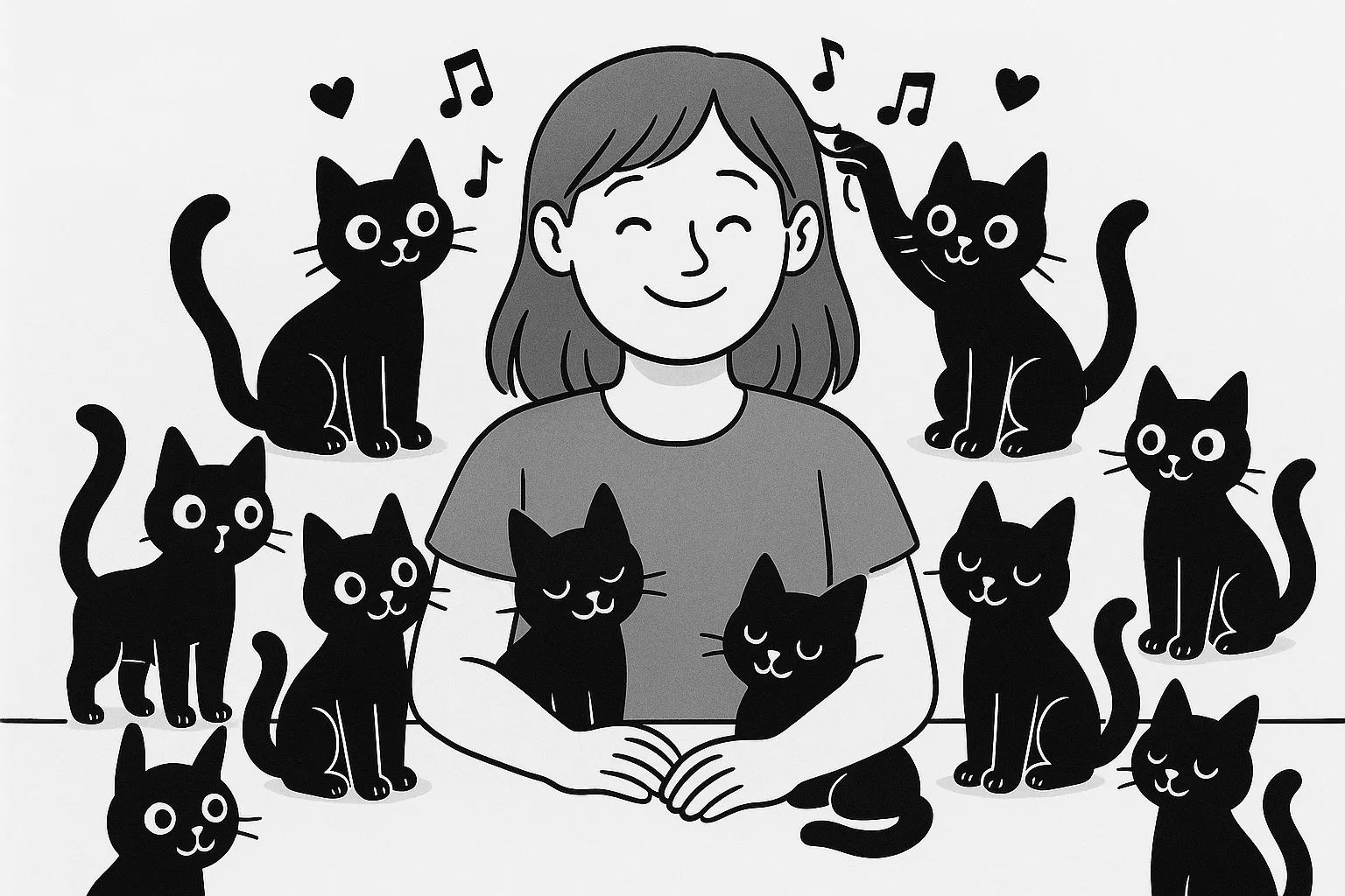 Femme heureuse entourée de chats