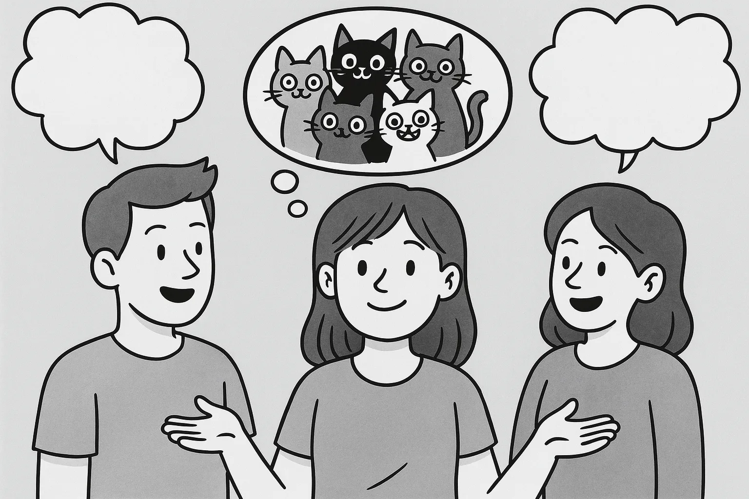 Femme au milieu d'autres gens qui discutent (small-talk) qui pense en réalité à ses chats