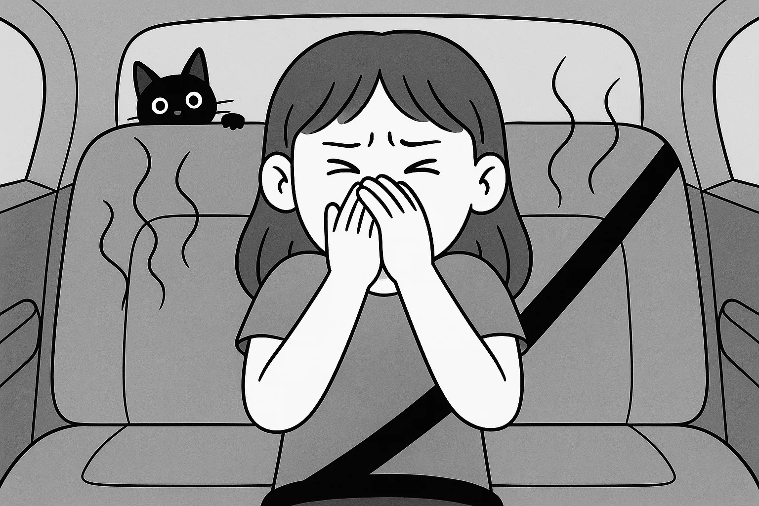 Petite fille à l'arrière d'une voiture qui se cache le nez à cause des odeurs, et un petit chat qui se cache derrière