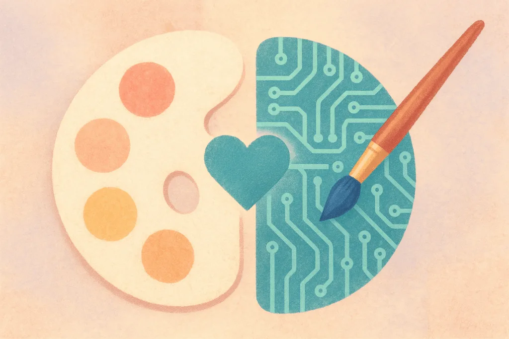 Palette de peinture reliée à un circuit imprimé par un cœur et un pinceau par dessus