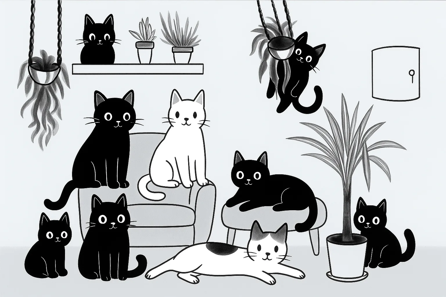 Dessin avec beaucoup de chats en noir et blanc