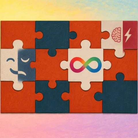 Puzzle complet avec les pièces Bipolaire/THPI et l'infini multicolore pour l'autisme