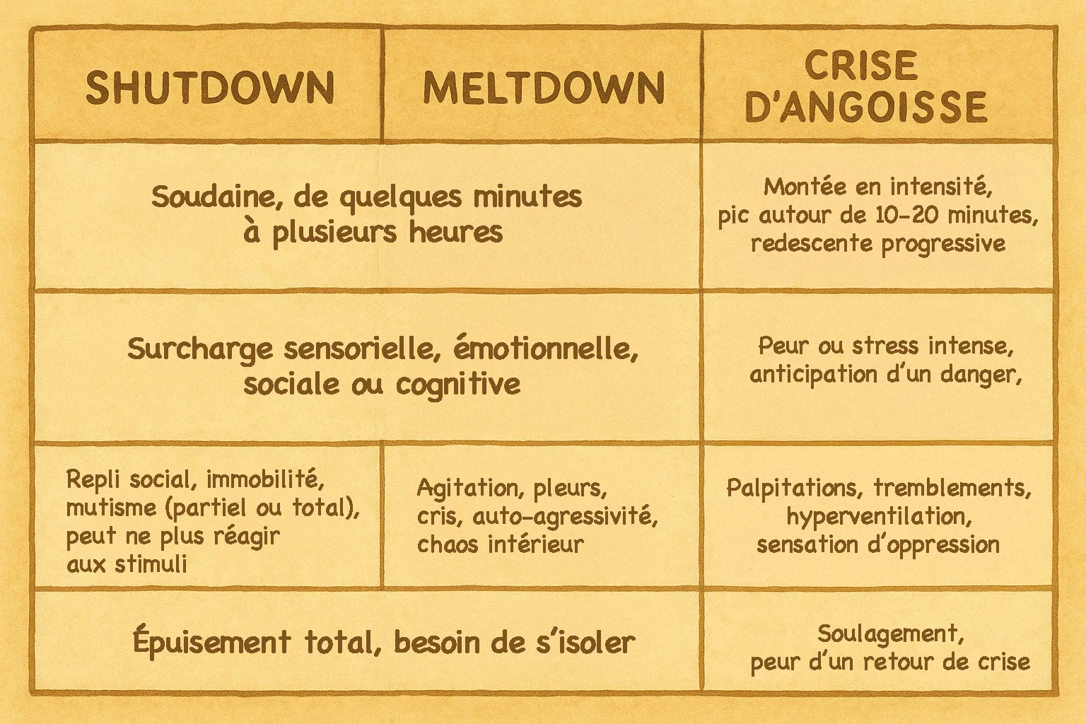Tableau comparatif de la crise d'angoisse, shutdown et meltdown