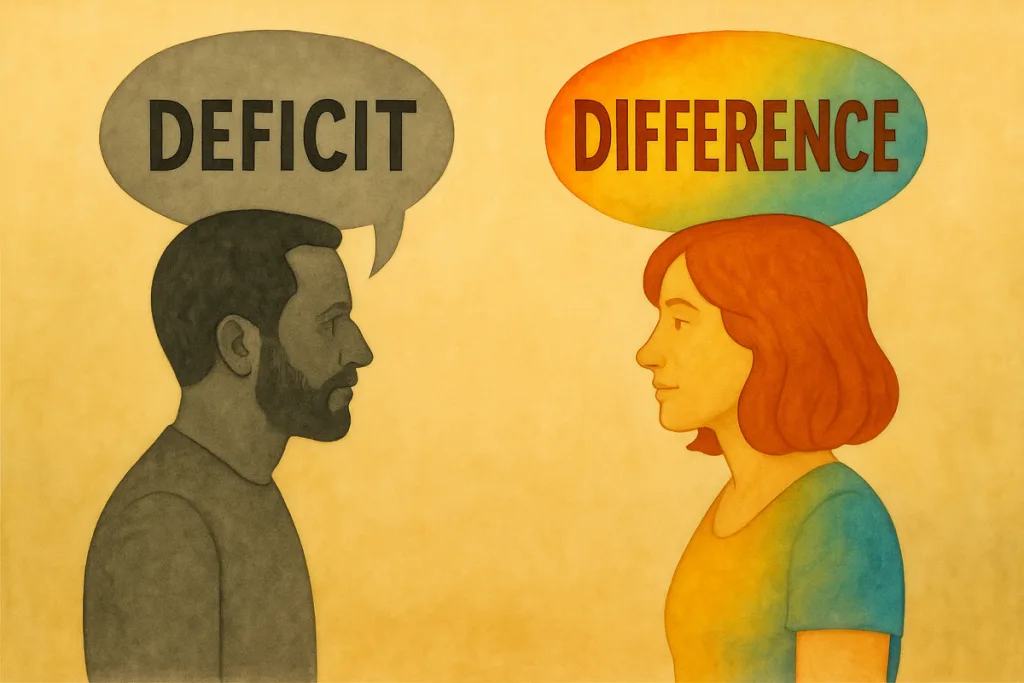 Illustration of a greyscale man speaking about deficit facing a colourful woman speaking about difference