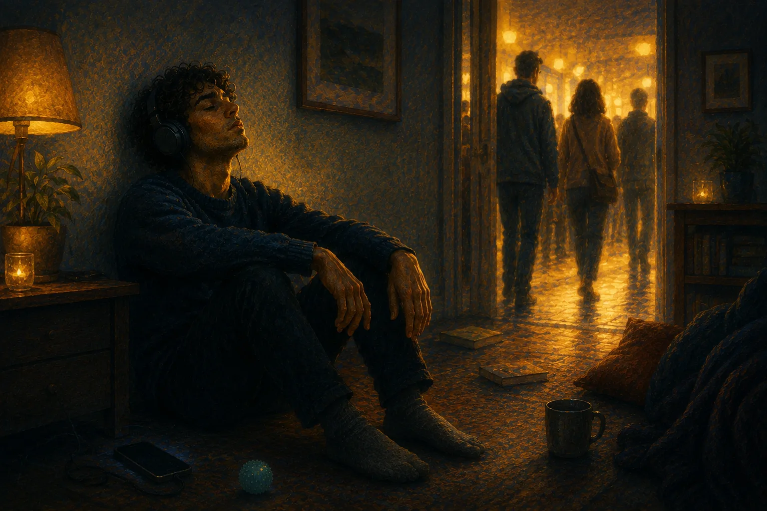Man sitting with his headphones on, head against the wall, in a dark room
